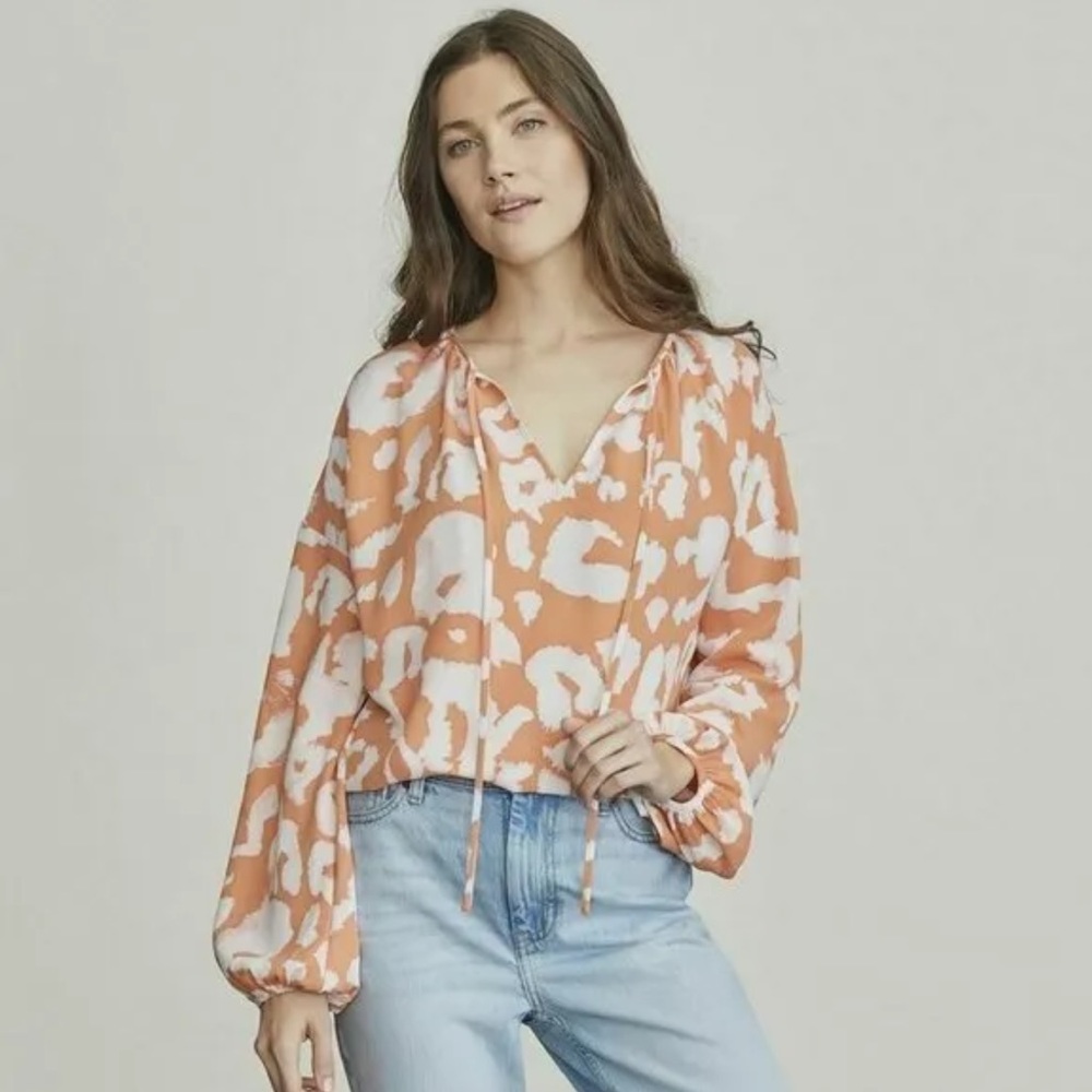 Elizabeth & James Leopard Print Tie Neck Lantern Sleeve Blouse in Peach, Large